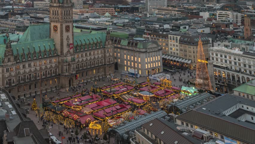 Hamburg Germany time lapse day to night high angle view Christmas market at Rathaus City Hall Square