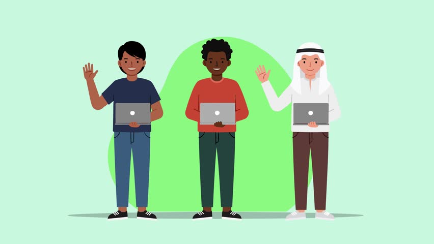 A clean 2D animation showcasing three international men, including an Arab man in traditional attire, holding laptops and waving. This flat vector illustration highlights global business, cross-cultural IT support, and remote collaboration.