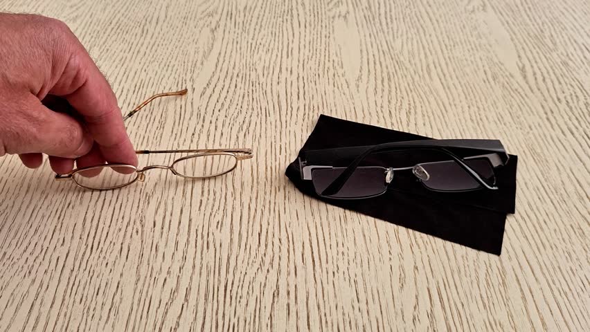 Thin metal reading glasses and dark sunglasses rest on wooden surface with black case, contrasting vision correction and sun protection in everyday eyewear arrangement