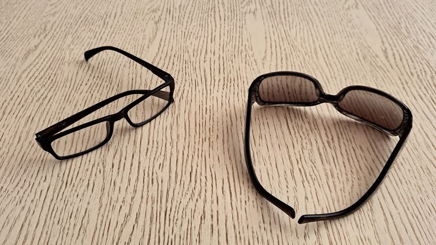 Black frame reading glasses and dark sunglasses rest on a light wooden table, creating a simple lifestyle scene. Clean composition highlights vision, fashion, and everyday accessories