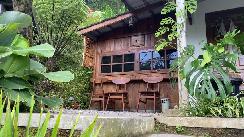 a coffee shop with an aesthetic wooden house concept on a beautiful mountain slope