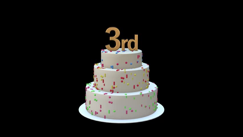 3rd Birthday 3D Cake Animation with Golden Number Three Rotating on Black Background 4K