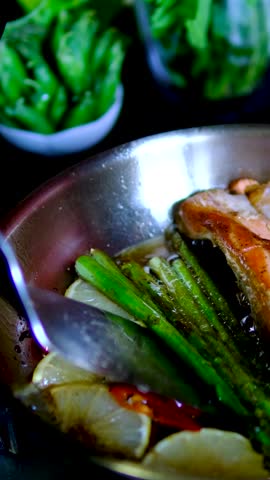 Green beans cooked with salmon butter garlic and lemon healthy side dish rich in omega 3. recipe for cooking asparagus in a stainless steel pan real Step by step