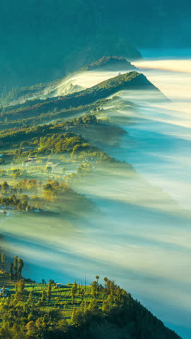 Cemoro lawang village at sunrise near mount Bromo in Bromo tengger semeru national park, East Java, Indonesia. Vertical.