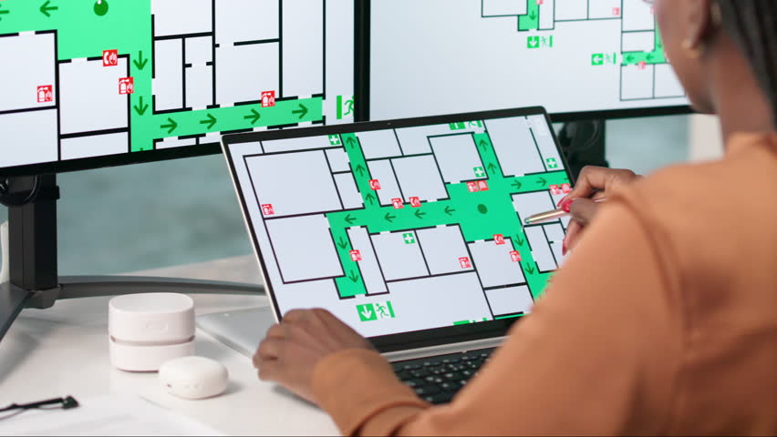 Safety Officer Reviews Emergency Escape Routes On Laptop During Workplace Drill.