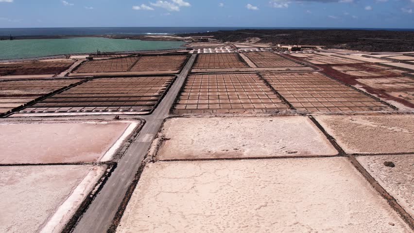 Explore the unique salt pans of Lanzarote. Observe the layout and structure of the salina, with the ocean and landscape in the background