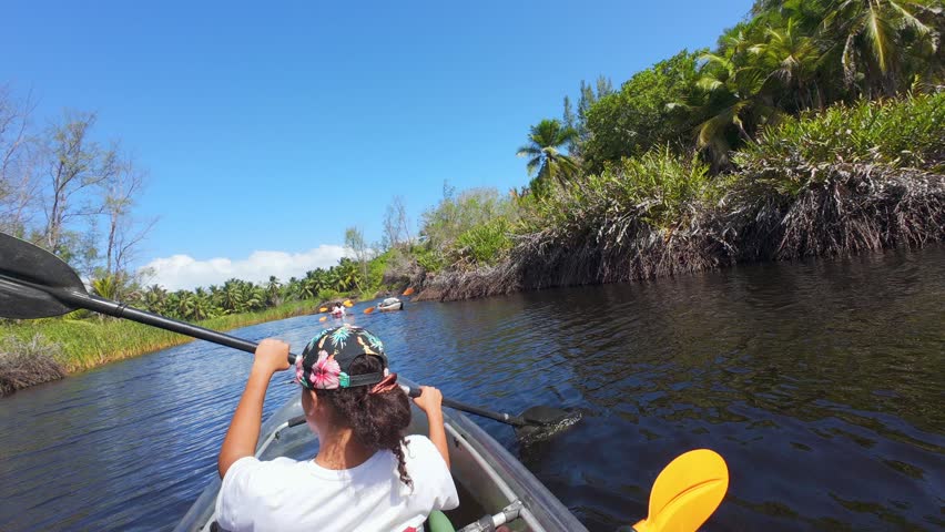First-person view paddling a clear transparent kayak behind a family in the lush mangrove river of Police Bay, Mahe, Seychelles. A beautiful family eco-adventure.