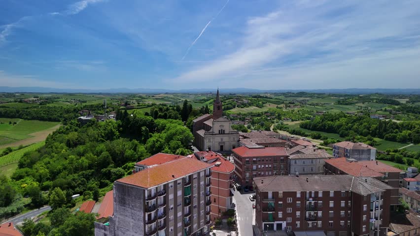 Moncalvo historic village Asti, Piedmont Italy smallest city Church of San Francesco, aerial drone