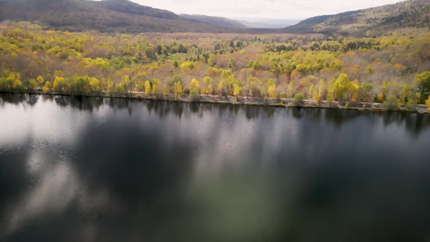 Drone view along a long freshwater reservoir shoreline with dense autumn forest and calm dark water.