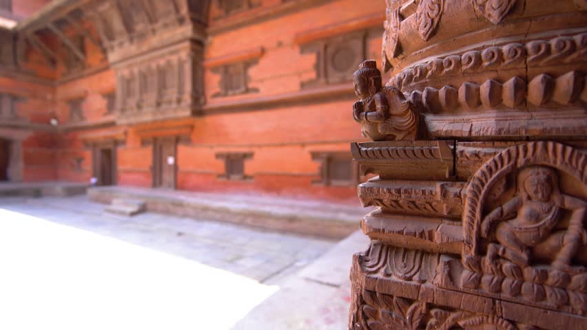 Ancient brick courtyards and carved wooden architecture inside Hanuman Dhoka Durbar Square in Kathmandu, Nepal