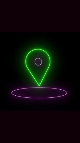 Green and purple glowing location icon animation vertical video. Animated neon green and purple glowing map pin indicating location on black background.