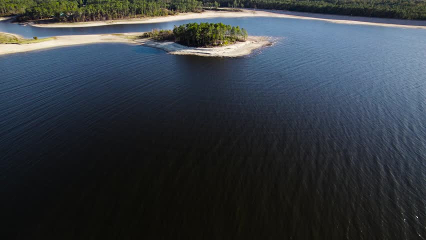 Aerial view of an island near twin dikes park on Sam Rayburn Reservoir. Small number of trees are in the center, surrounded by a sandy beach.