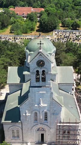Aerial view of the main church and Orthodox cemetery in Niksic, Montenegro