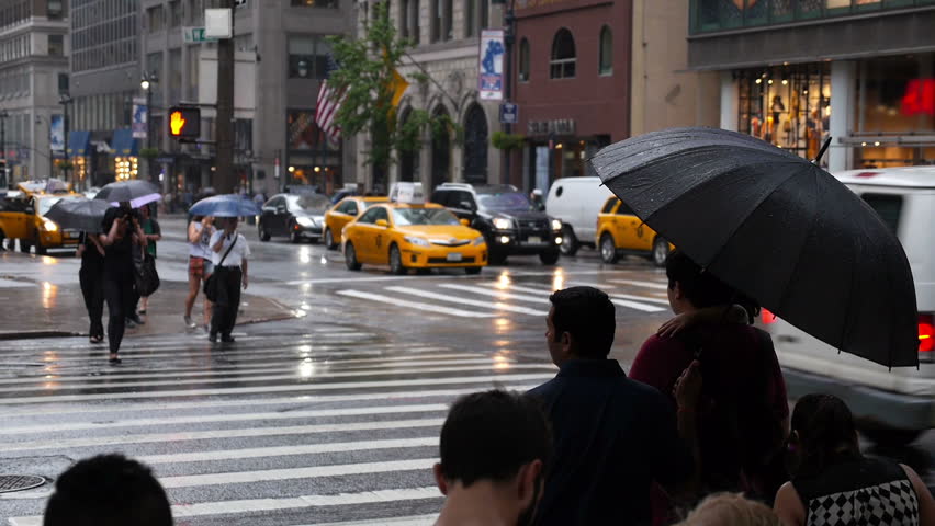 NEW YORK CITY, Circa June, 2013 - Pedestrians with umbrellas try to avoid