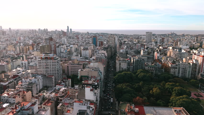 City buildings, green public parks, and dense urban forestry of Buenos Aires, with Rio de la Plata along the horizon on a bright afternoon.