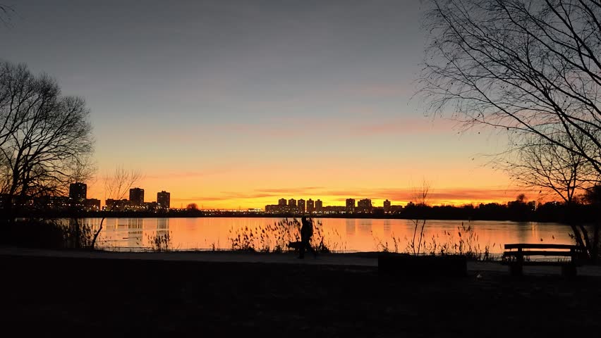 In frosty winter, ice forms on the lake. Buildings and trees reflect off the surface of the ice. The lanterns are lit. A man and a dog are walking along a path with benches. Beautiful sky with feathery clouds after sunset