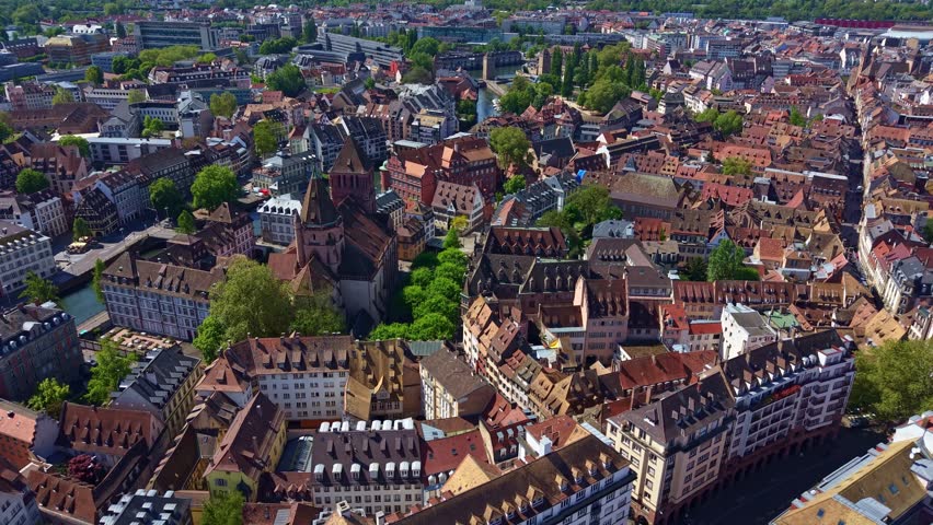 Picturesque city center of Strasbourg, France. Aerial forward, cityscape
