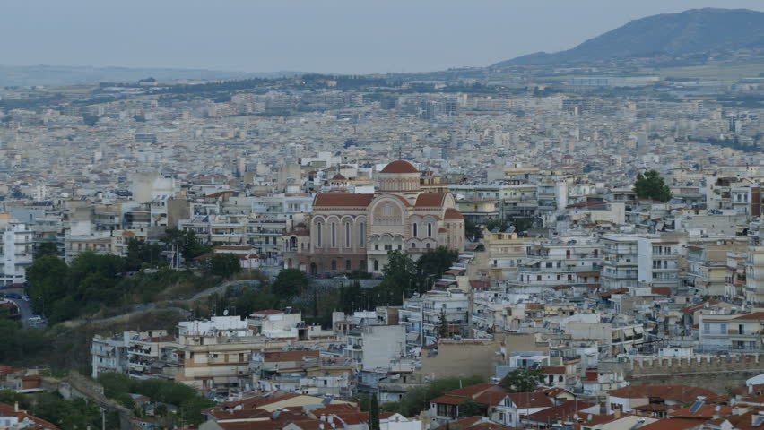 Aerial drone view of the Church of Saint Paul in Thessaloniki, Greece, a domed Byzantine-style church surrounded by the city