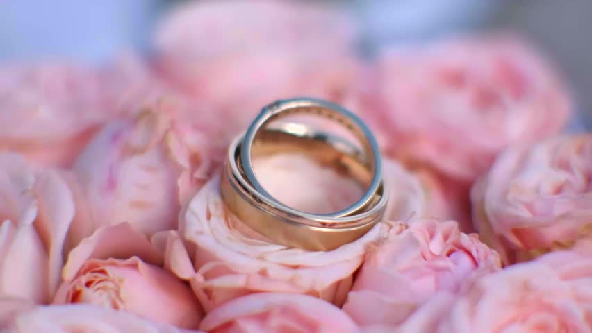 A couple of wedding rings sitting on top of a pile of pink roses