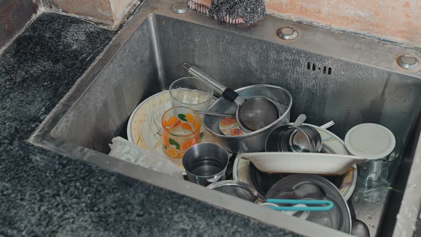 Close Up of Dirty Kitchen Sink Filled with Unwashed Dishes and Utensils
