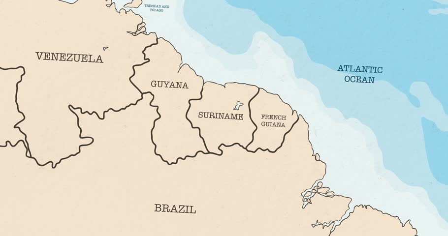 Motion graphic video of a red circle marking to suriname on a vintage political map