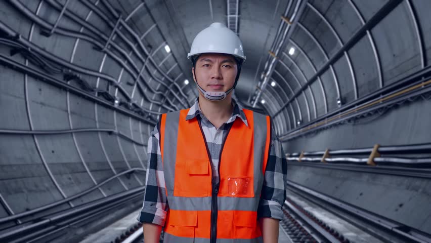 Asian Male Engineer With Safety Helmet Smiling And Clapping His Hands While Standing In Underground Subway Tunnel
