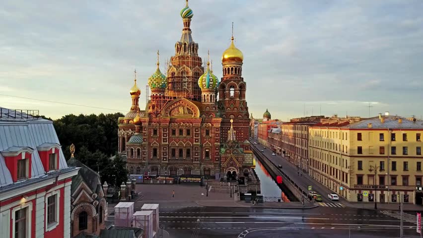 Stunning sunset over saint petersburg and the historic church
