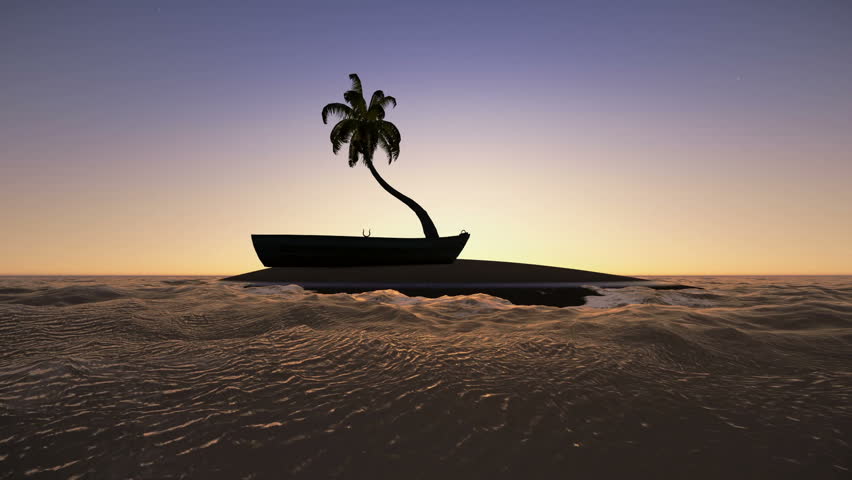 Dawn in a tiny deserted island with a coconut tree and a boat in the ocean
