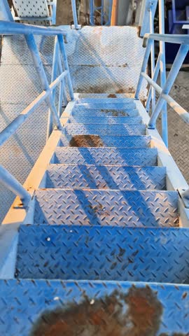 Looking down from a high angle at a weathered blue metal staircase with rusty diamond plate texture in an industrial facility.