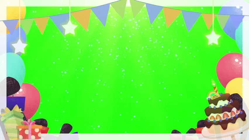 This video shows an animated birthday scene with a chocolate cake, presents, and colorful balloons against a green background with falling snowflakes