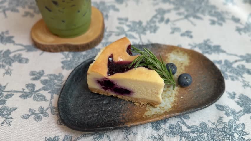 A delightful and indulgent blueberry cheesecake, beautifully plated with fresh garnish, perfect for a sweet treat moment.