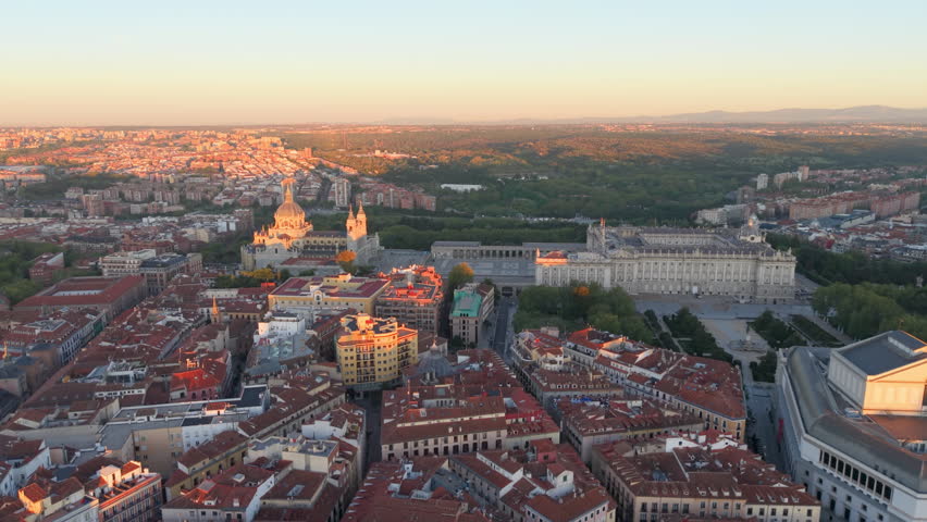 Aerial view of Royal Palace. Madrid. Spain. Medieval Buildings Landscape. Santa Maria Cathedral.