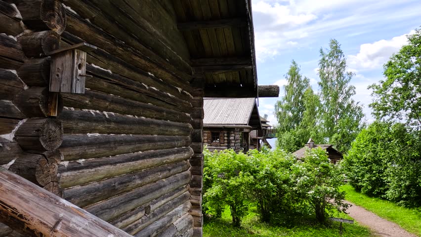 A large weathered log house with dark brown logs stands against a backdrop of lush overgrown grass and wildflowers. A traditional log cabin in the countryside under a bright cloudy sky.