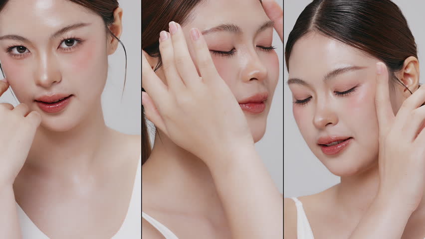 Collage vertical footage of young beautiful Asian woman on white background. Perfect facial and skin for commercial skin care advertising concept.