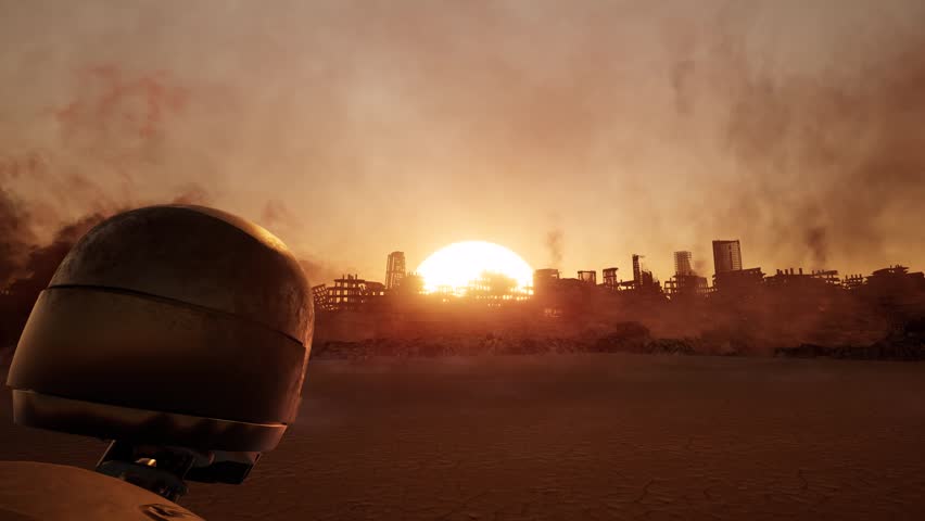 Epic wide shot of massive robot army marching towards ruined city at sunset, 3D animation