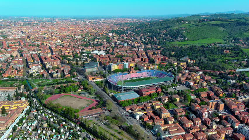 Aerial drone panorama of Bologna skyline featuring Stadio Renato Dall