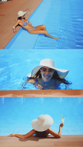Beautiful young woman in striped bikini and straw hat relaxing in swimming pool. Smiling female enjoying luxury summer holiday at resort sun