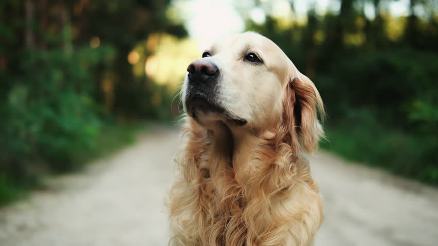 Adorable Golden Retriever dog stands on a sunny forest path, looking intently upwards with its pink tongue slightly showing