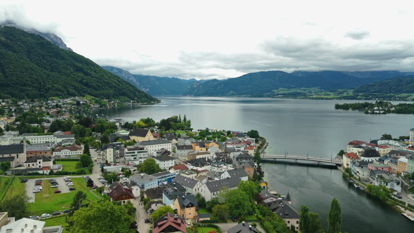 Aerial view of Gmunden town and Traunsee lake in Salzkammergut, Austria