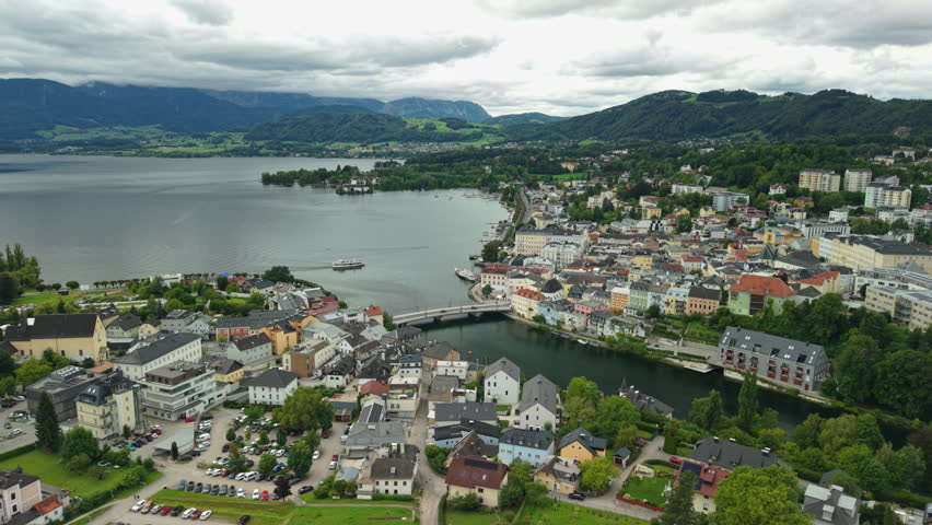 Aerial view of Gmunden townscape with Traunsee lake and river, Austria