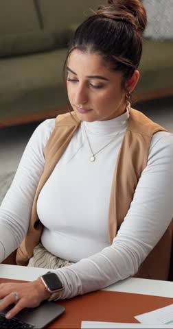 Above, woman and remote work at house with laptop, research and email for accounting. Person, typing or freelancer in lounge with tech, financial report and investment information for risk assessment