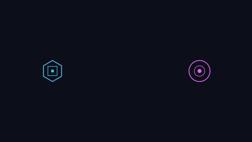 A collection of three flat vector icons featuring a hexagon, concentric circles, and a dot on a black background.