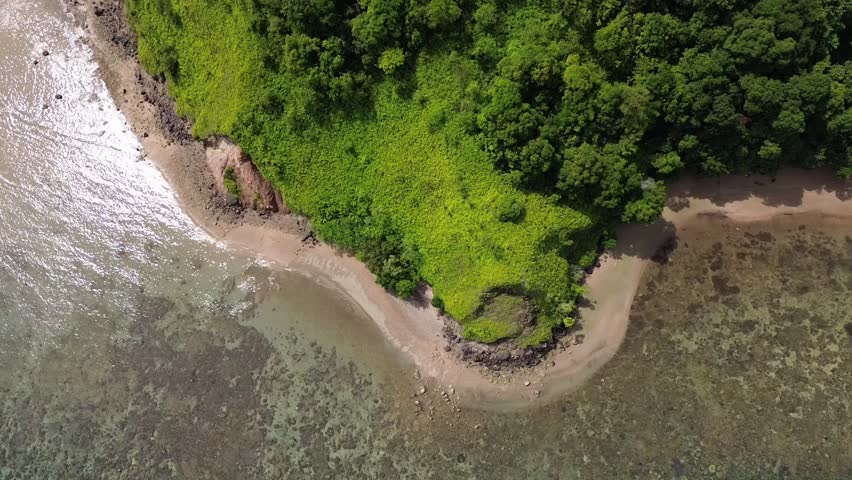 Top-down drone shot captures the serene Tolo coastline where calm clear tides meet rugged rocky cliffs. Lush green vegetation blankets the limestone ridges bordering the South Sulawesi sea.