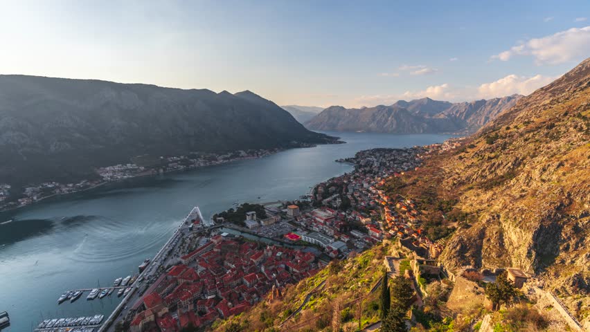 Kotor Old Town, Montenegro with Kotor Bay at dusk in spring season.