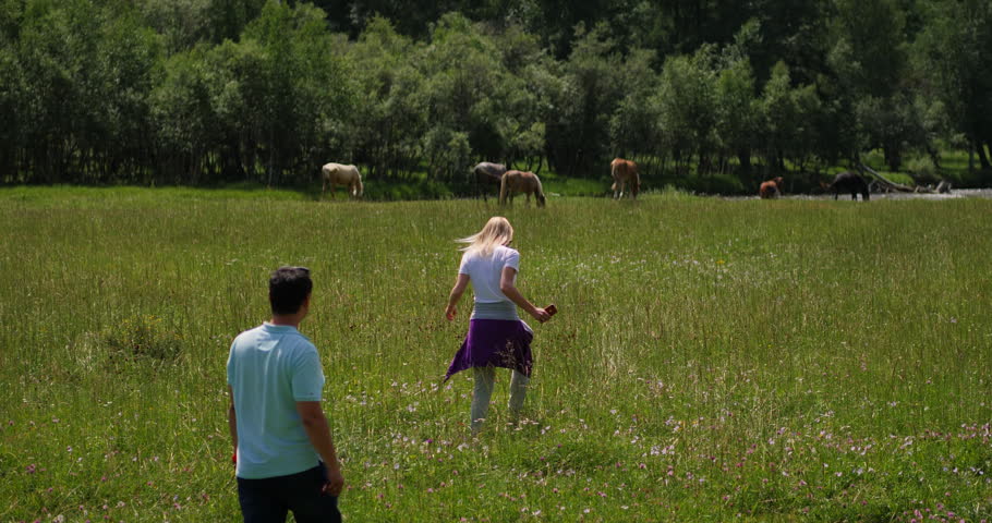 People walking through meadow toward grazing horses in countryside
