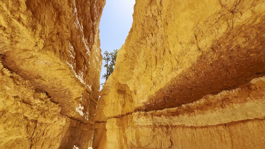 POV Tilt Up From Narrow Gorge to Red Rock Spires in Bryce Canyon National Park. A smooth low angle cinematic shot looking up from a narrow canyon gorge at unique red sandstone spires in Bryce Canyon, Utah. Majestic otherworldly shapes against a clear blue sky. USA.