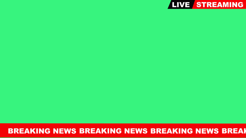 Green screen overlay background template for live streaming, banner breaking news text, suitable for news broadcasts, social media posts.