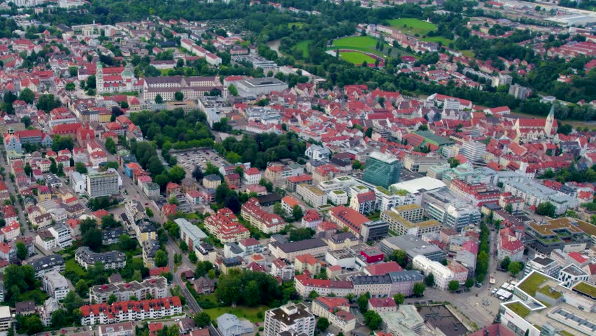 Aerial view around the old town of the city Kempten  in Germany, Bavaria on a sunny morning in summer