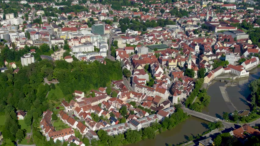 Aerial view around the old town of the city Kempten  in Germany, Bavaria on a sunny morning in summer