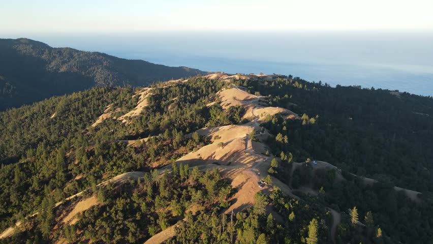 Aerial shot of the coastal mountains along the pacific ocean in Central California near Big Sur